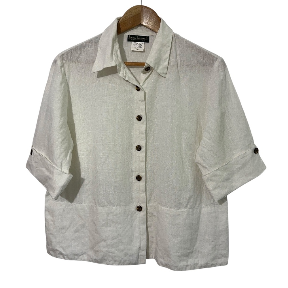 Harve Benard Linen Shirt Womens Size L Button Down Short Sleeve